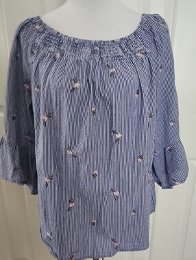 belk Blue Striped Off-Shoulder Tunic with Pink Floral Embroidery